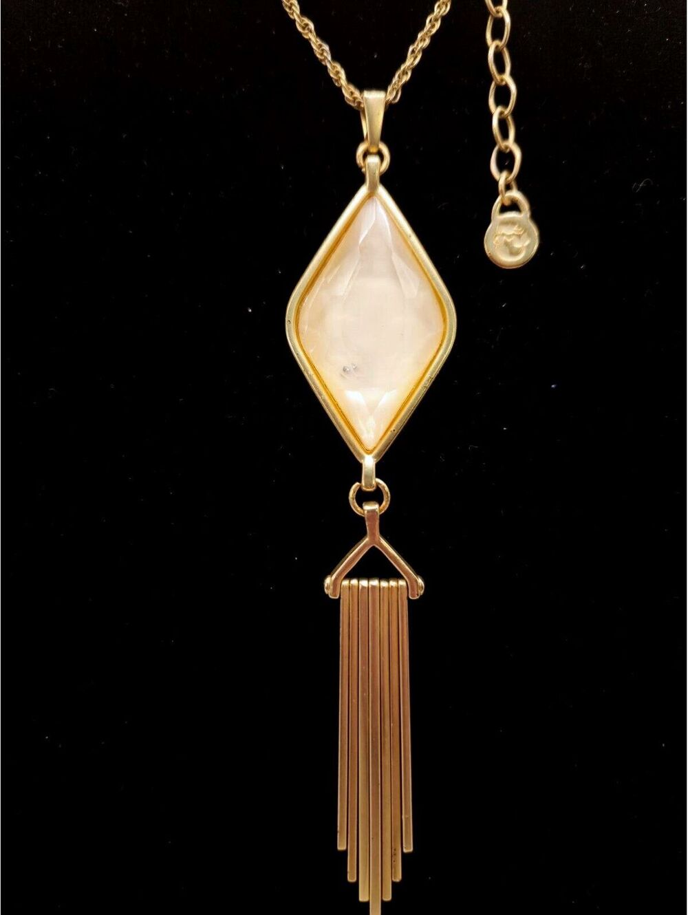 Spartina 449 Signed 32" Gold Tone Necklace 4" Acrylic Diamond Fringe Tassel